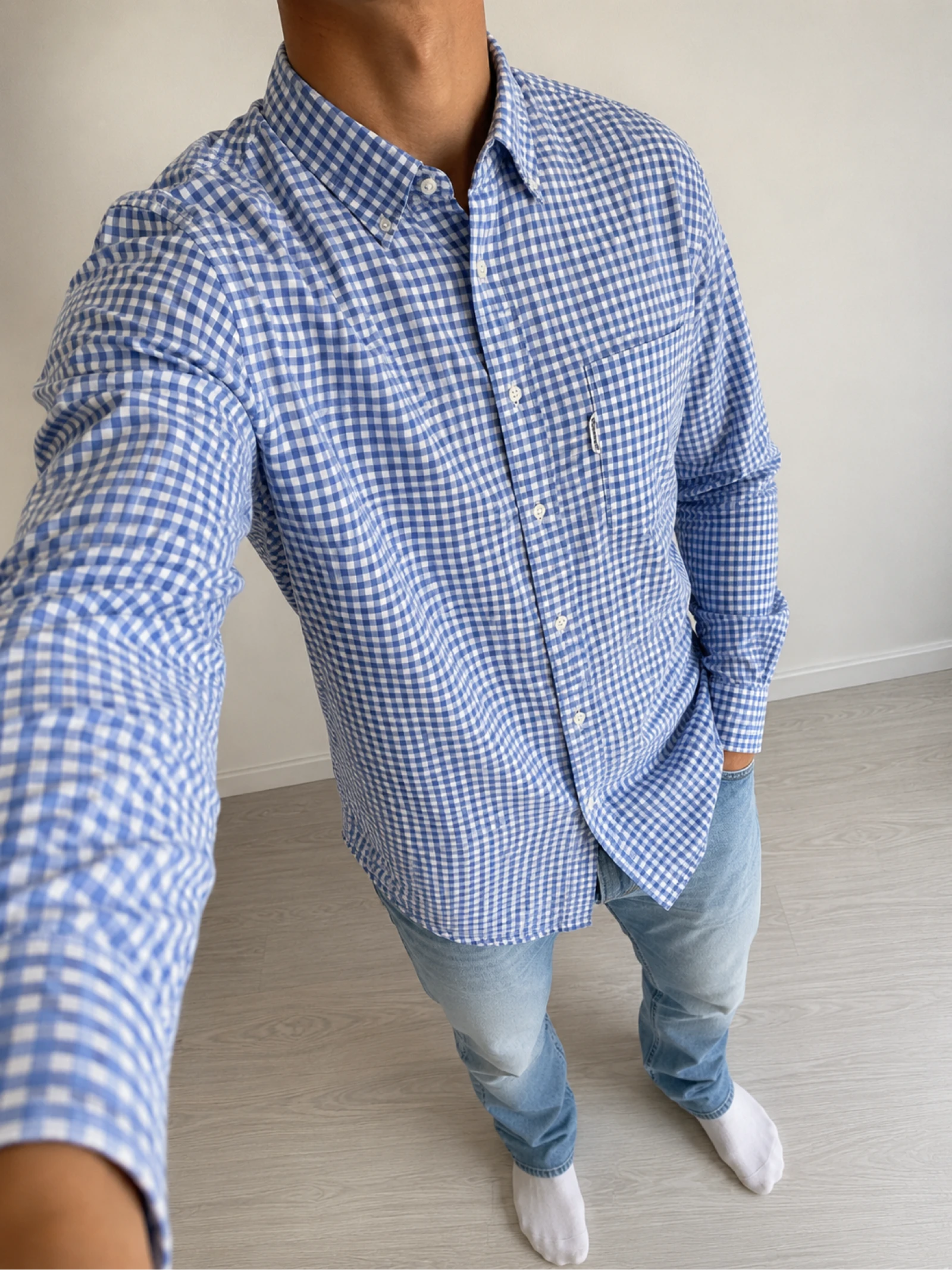 Chemise Façonnable Homme Carreaux Vichy Bleu Blanc 100% Coton Taille L XL Casual Business